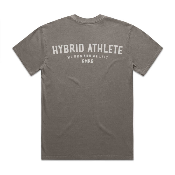 Grijs KMKG T-shirt met opdruk 'KMKG Hyrid Athlete, we run and we lift', achterkant, voor sport en training, ademend en vormvast