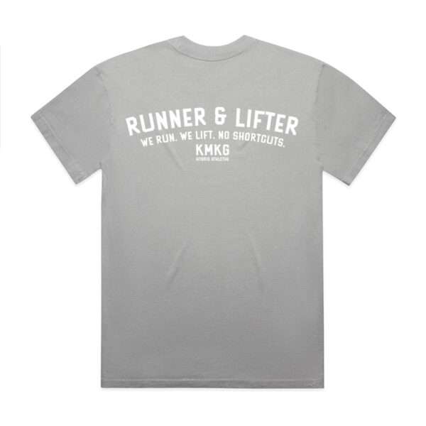 Grijs KMKG T-shirt met opdruk 'runner & lifter', achterkant, voor sport en training